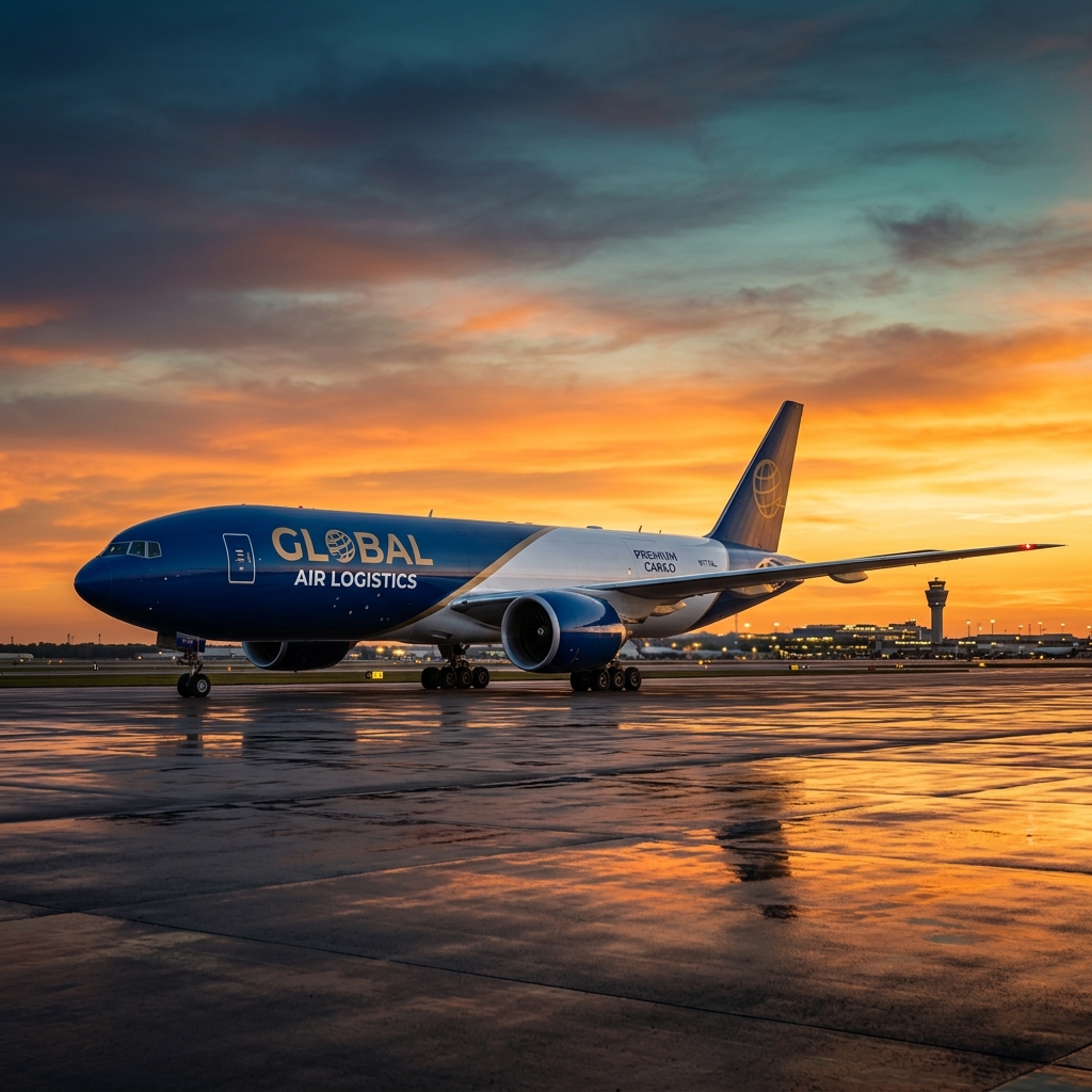 Cargo plane facing left at dusk on sleek reflective tarmac